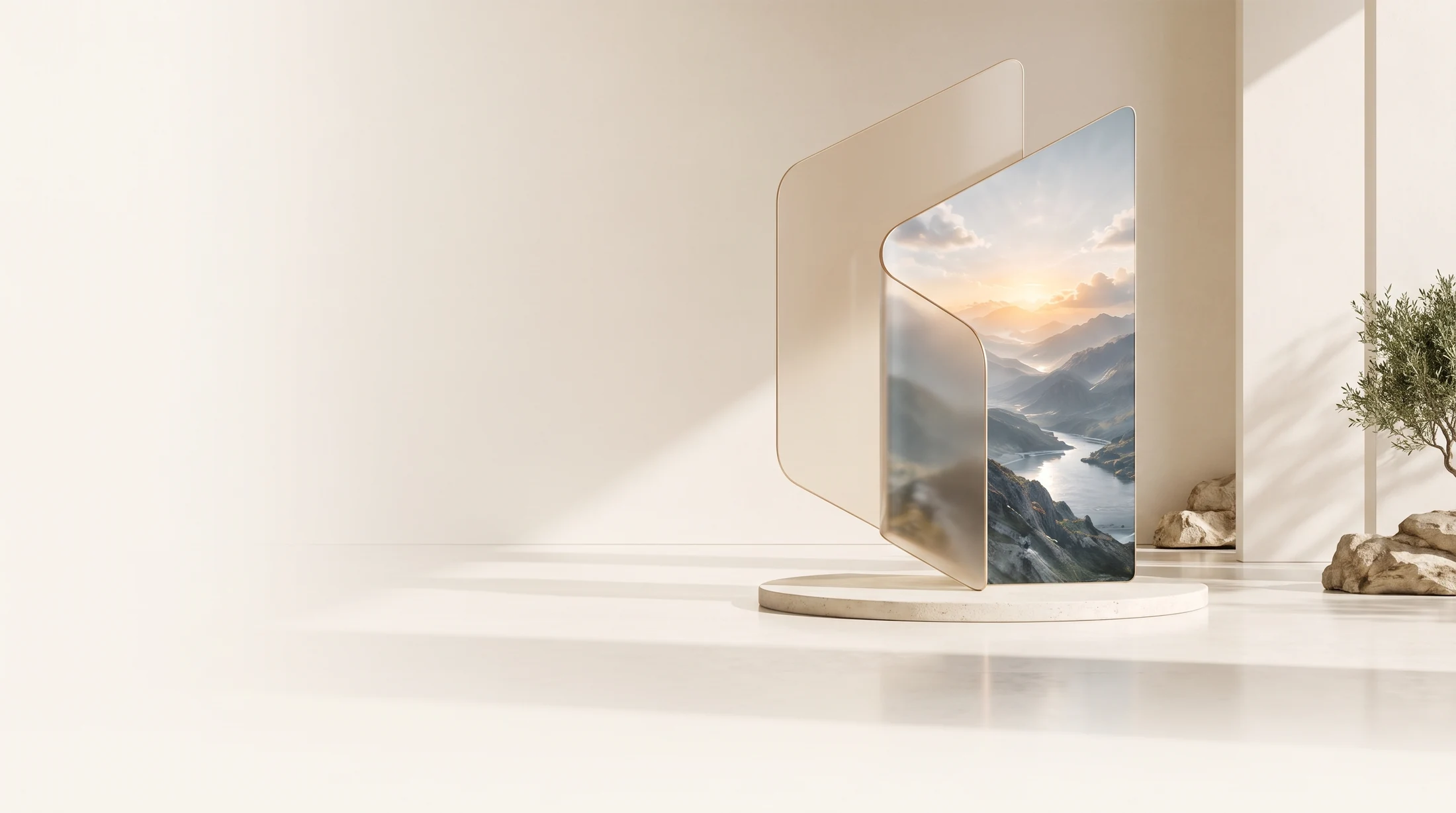 A champagne-glass portal in an ivory stone gallery opens onto a sunlit mountain valley.