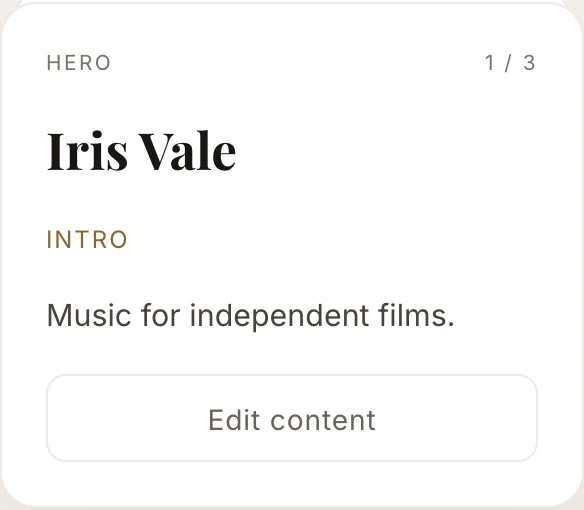 Actual scene editor for fictional composer Iris Vale with the Edit content control