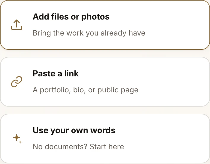 Actual Scenify starting options: add files or photos, paste a link, or use your own words