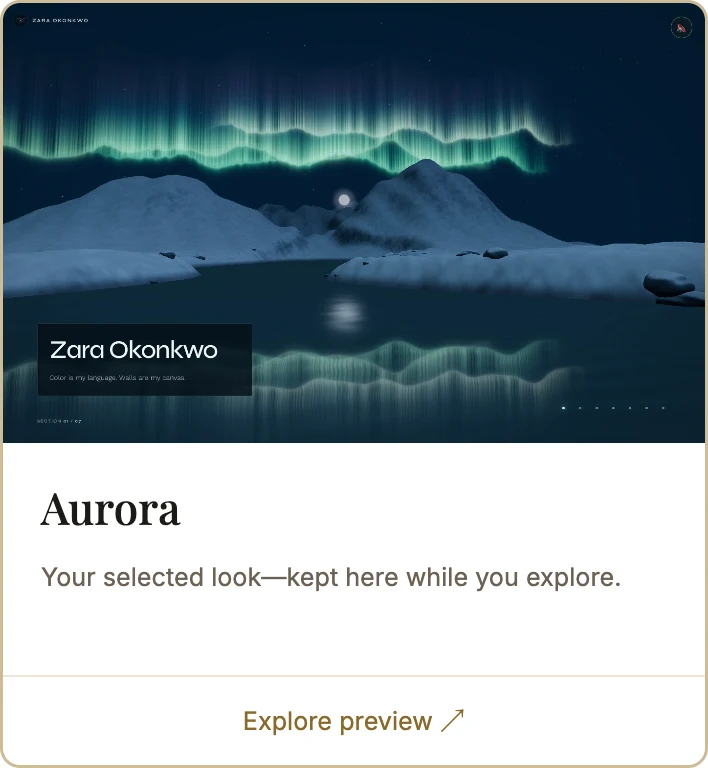 Scenify's look picker with Aurora selected: northern lights over a mountain lake, kept while you explore other worlds