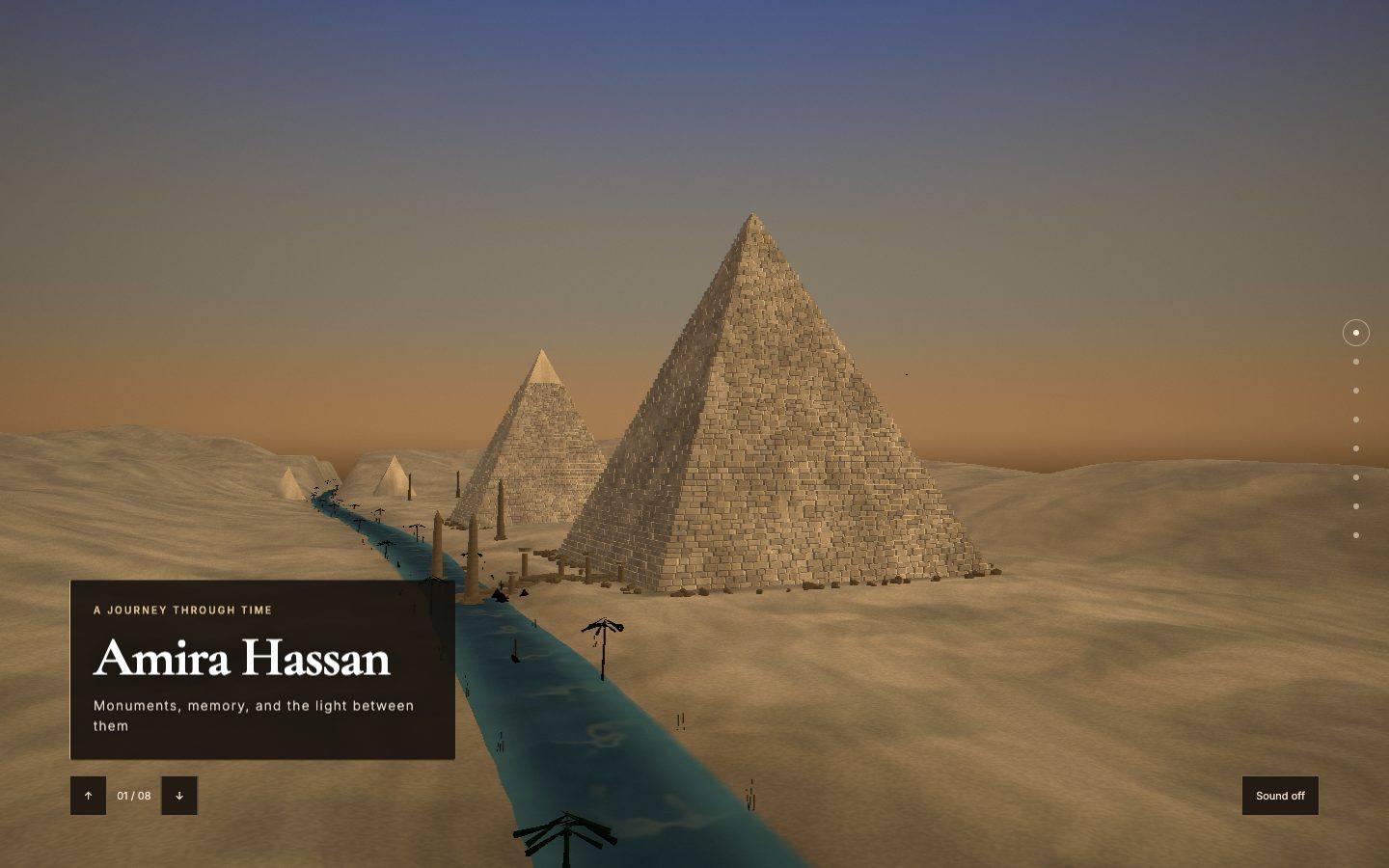 Actual Pyramids template preview: pyramids along a river through the desert at dusk